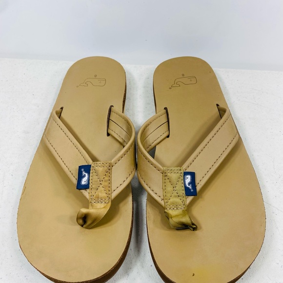 Vineyard Vines Mens Flip Flops Sandals Mustard Leather Size 8 Whale Logo - Picture 2 of 6